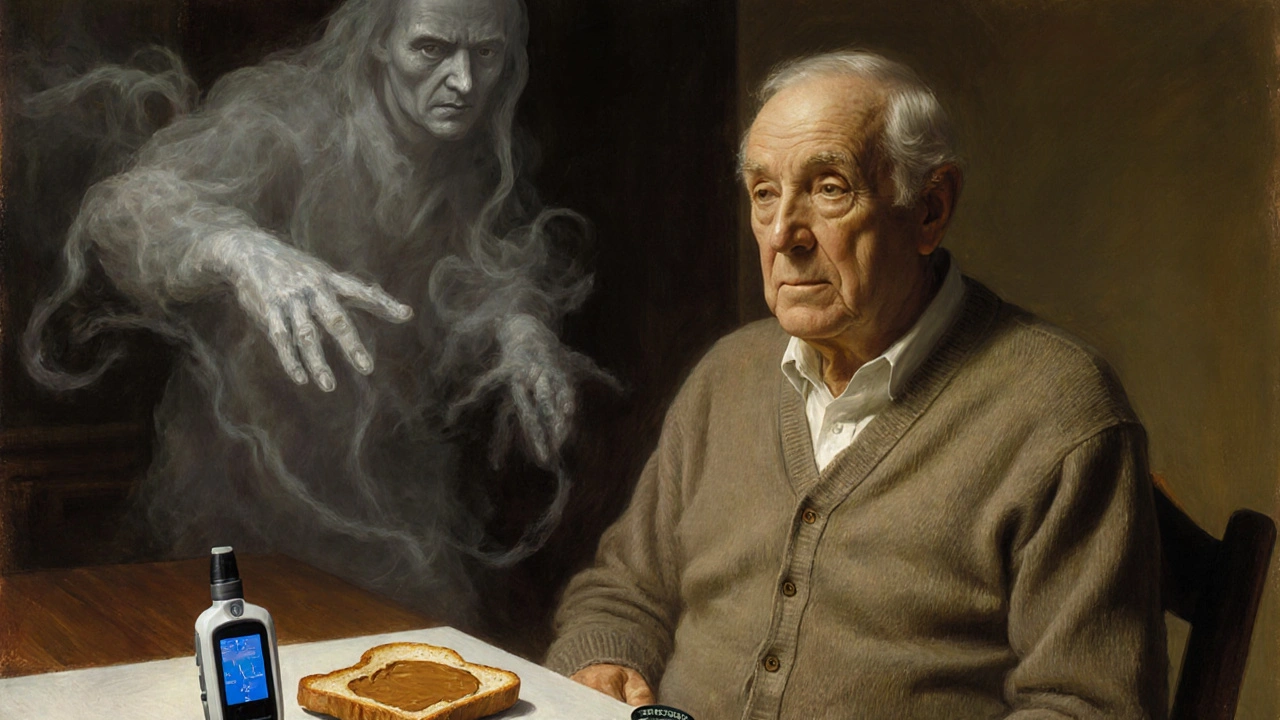 An elderly man surrounded by ghostly signs of low blood sugar, with a glowing monitor and snack on the table.