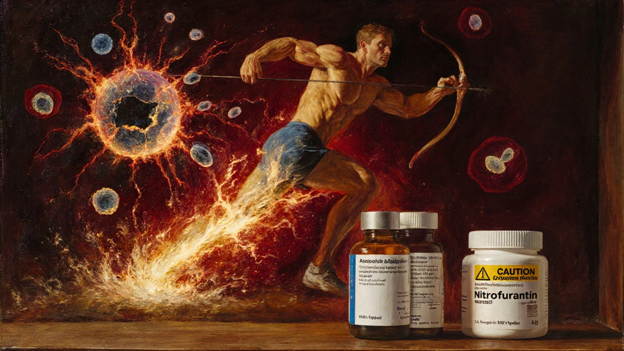 Athlete&#039;s tendon snapping with molecular chaos, safer antibiotics visible in foreground.