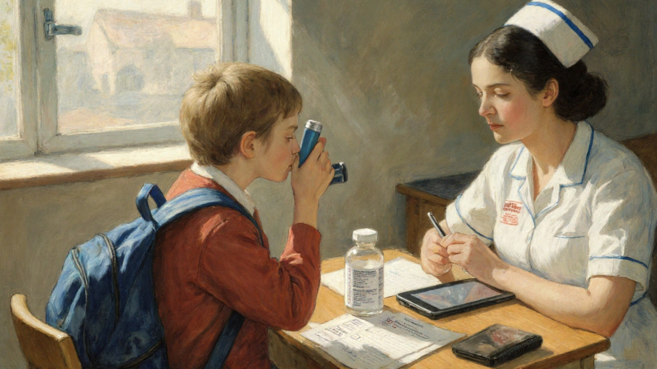 Child using inhaler with nurse watching attentively at a desk