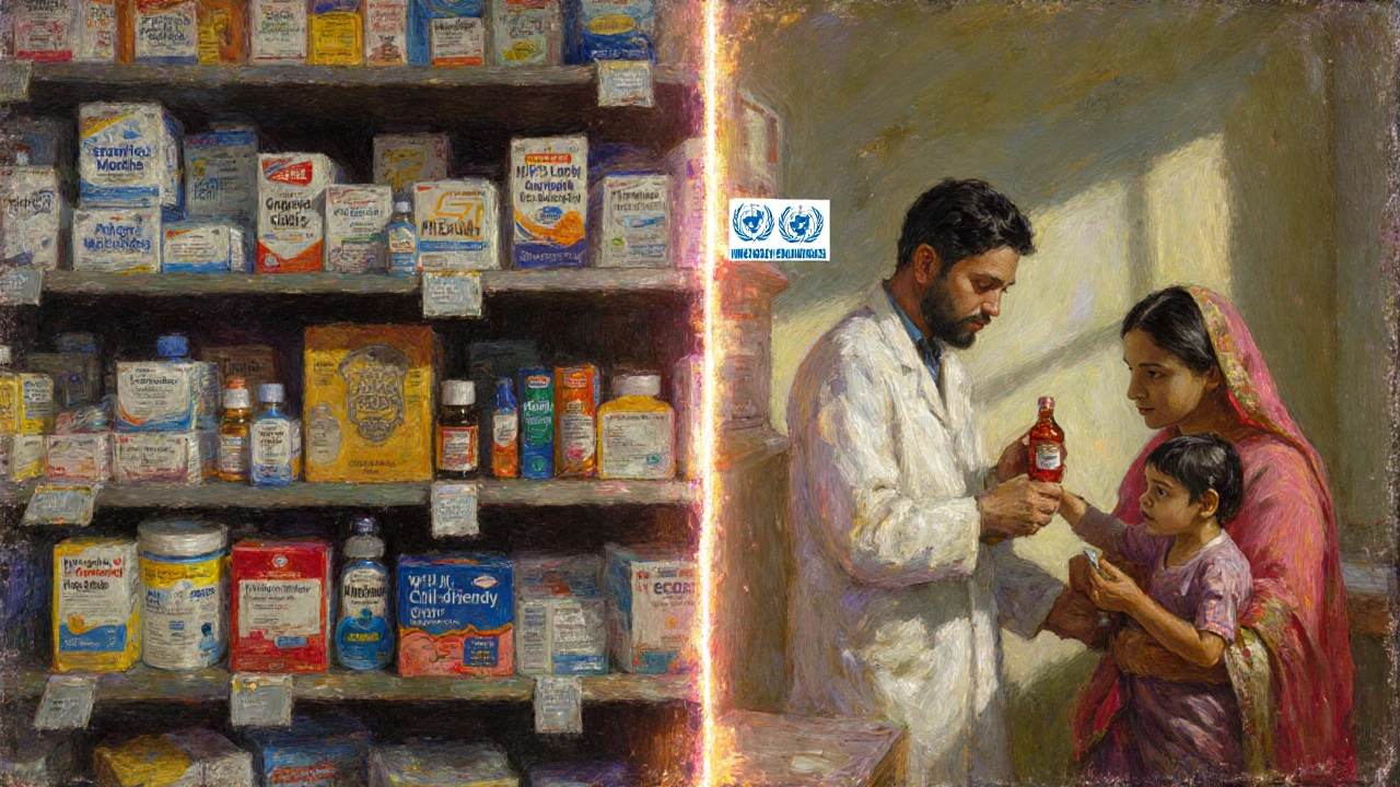 Contrasting pharmacy scenes: branded drugs on one side, generic medicine being given to a child on the other.