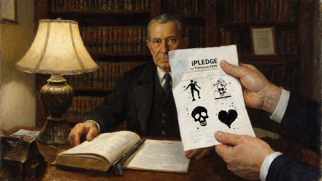 Doctor at desk with REMS documents and patient reaching to submit paperwork