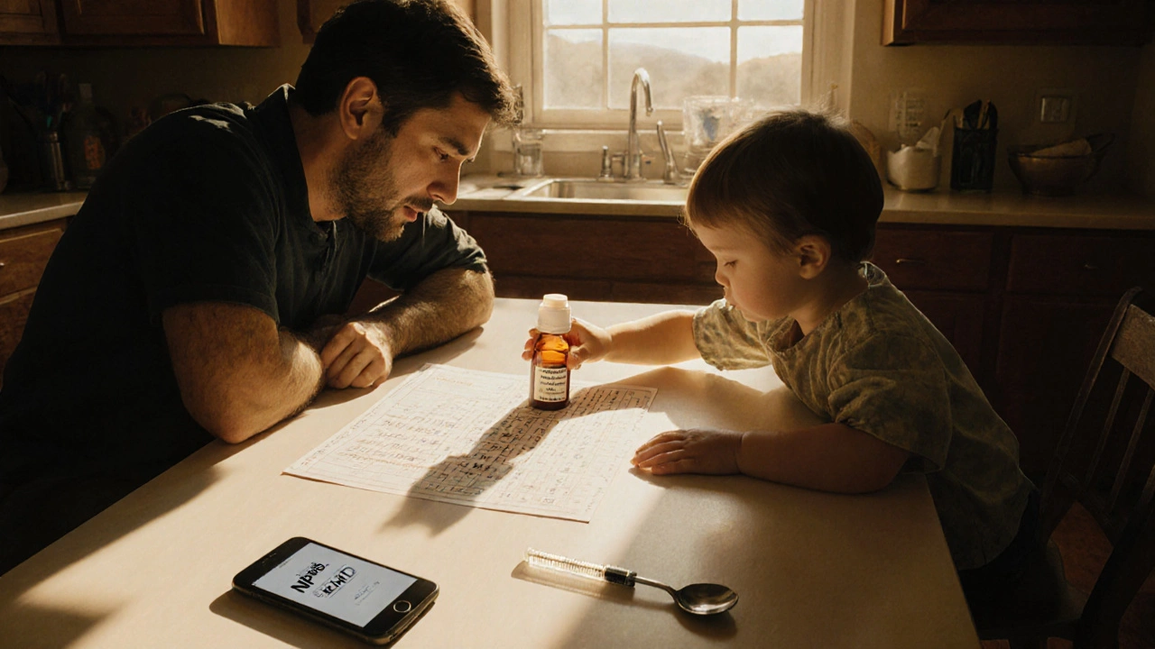 Father and babysitter reviewing a dosing chart at the kitchen table, with a phone showing a correct dose and a medicine syringe nearby.
