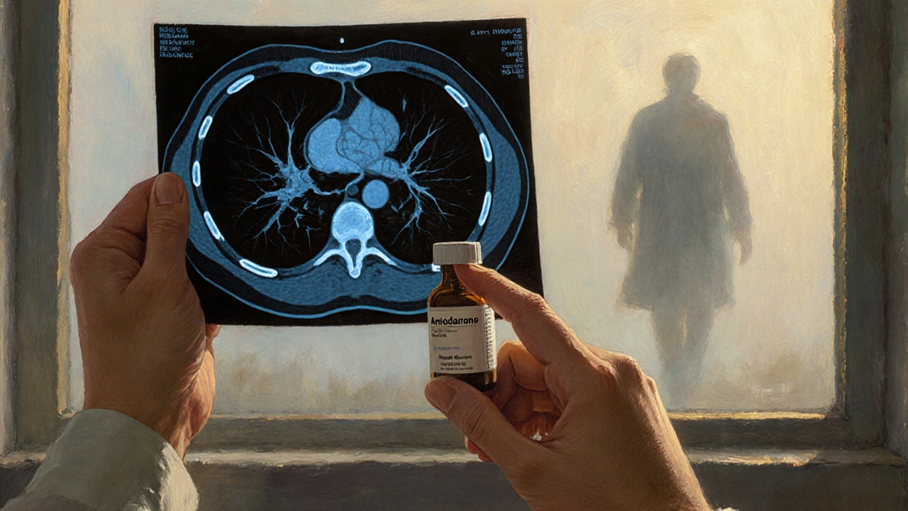 Hands holding a lung scan and a medicine bottle, with a fading figure in the background.