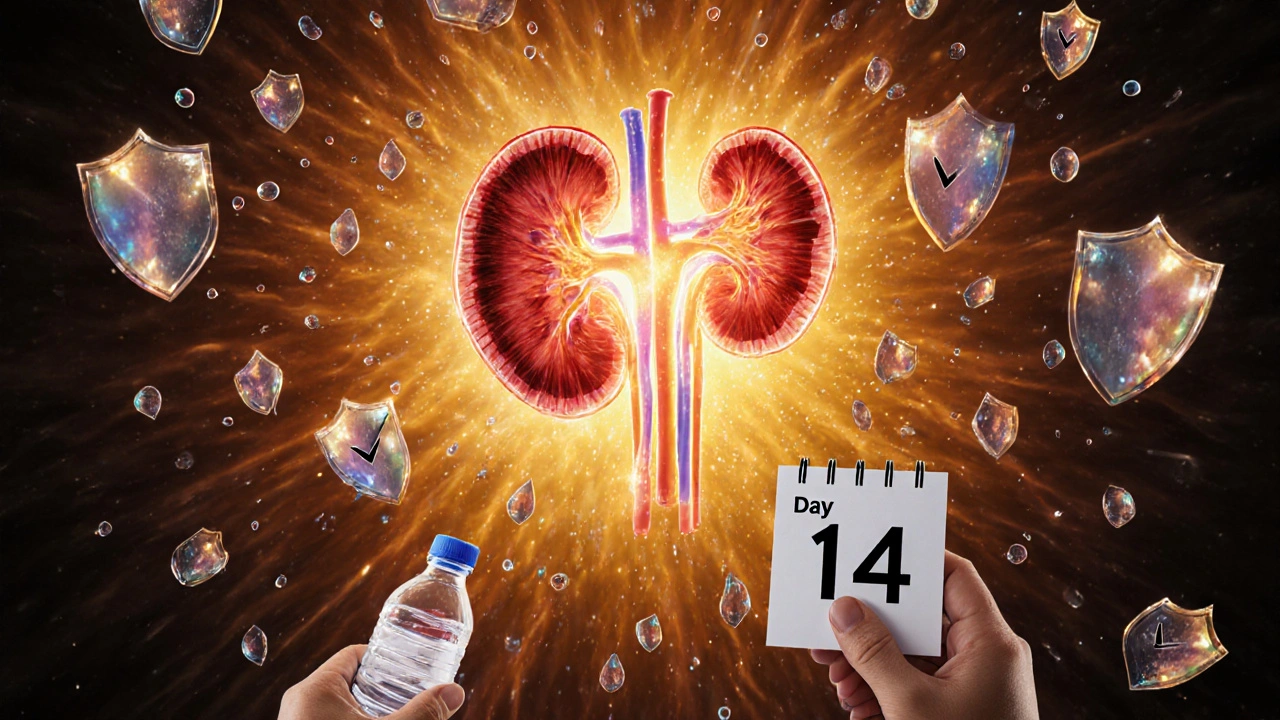 Heart and kidney protected by transforming glucose and water droplets, patient holding water bottle at day 14.