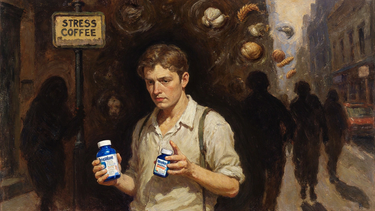 Individual holding IBS medications while glancing at a restroom sign in a city street.