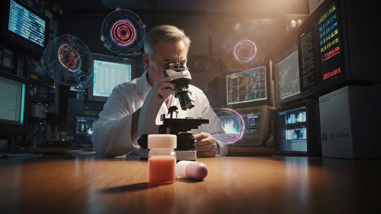 Lab technician analyzing blood samples with advanced equipment, reference and generic pills nearby.