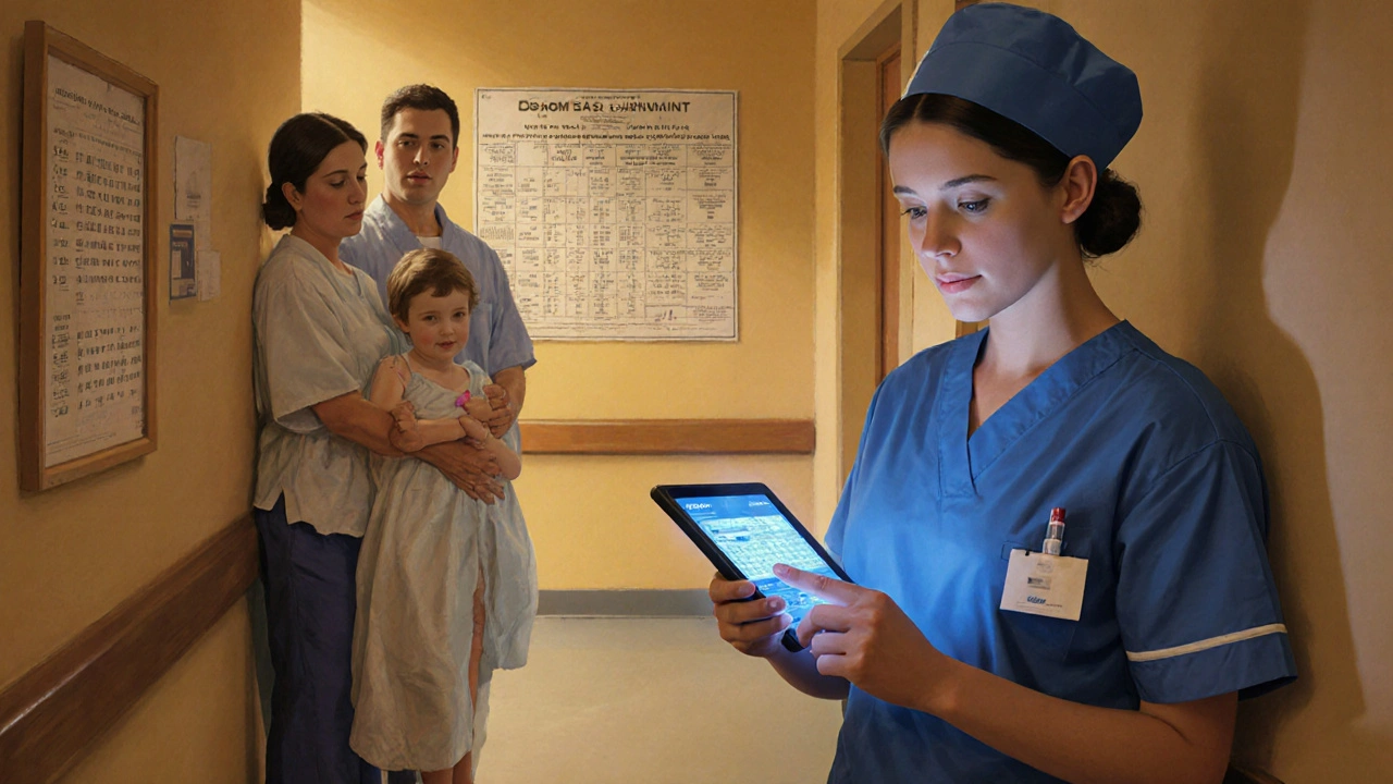 Nurse using a hospital dosing app in a pediatric ward, with a child and parent nearby and a paper chart on the wall.