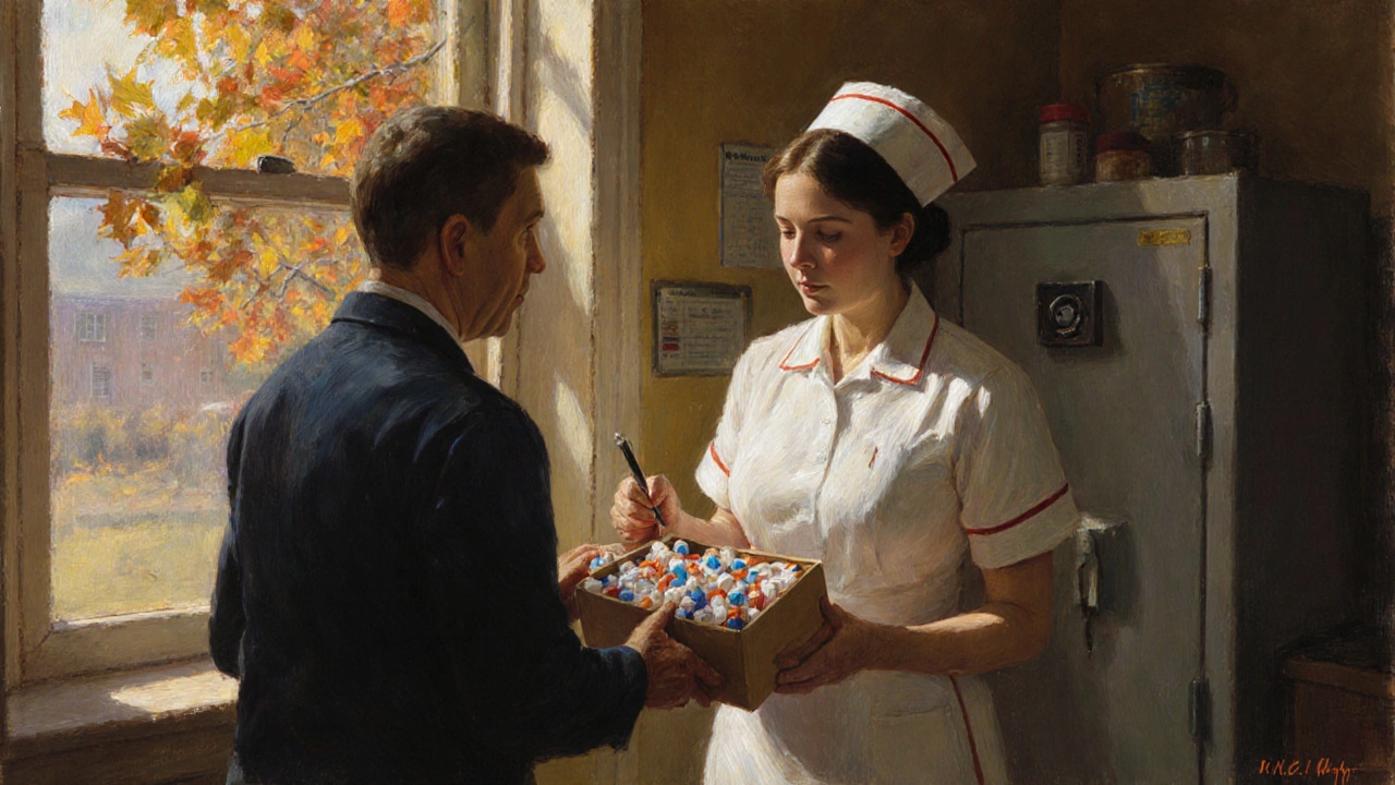 Parent and nurse signing return receipt for school medications