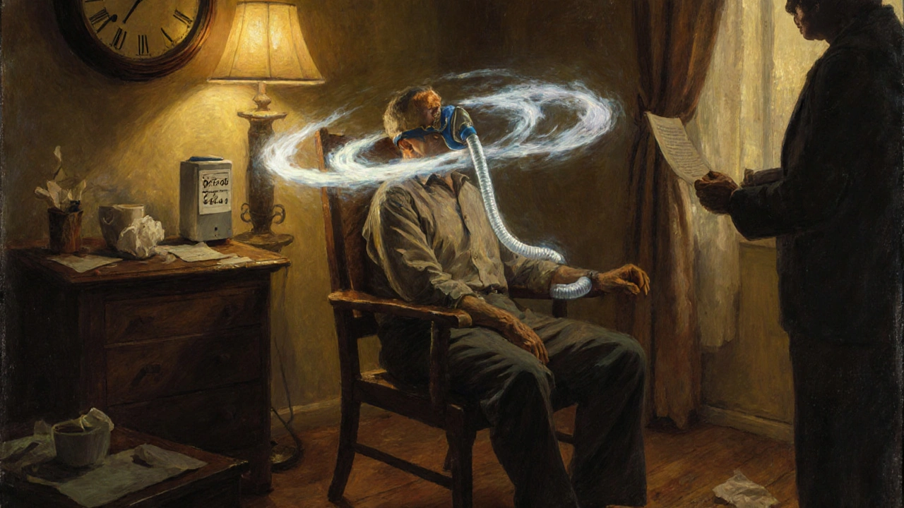 Patient breathing oxygen through mask at night, medical equipment and clock visible in detailed illustration.