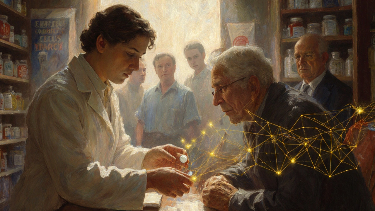 Pharmacist giving a generic pill to a patient, with golden pathways showing drug absorption in the body.