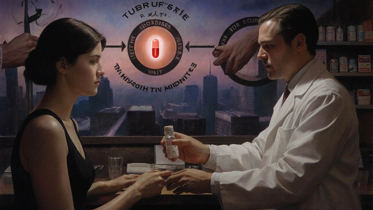 Pharmacist handing REMS medication to patient with symbolic mural in background