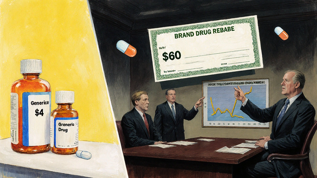 Split illustration: bright generic drug vs. dark corporate rebate system favoring expensive brand drugs.