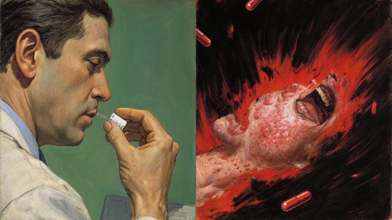 Split scene: one patient safe with penicillin, another having a severe allergic reaction with storm-like symptoms.