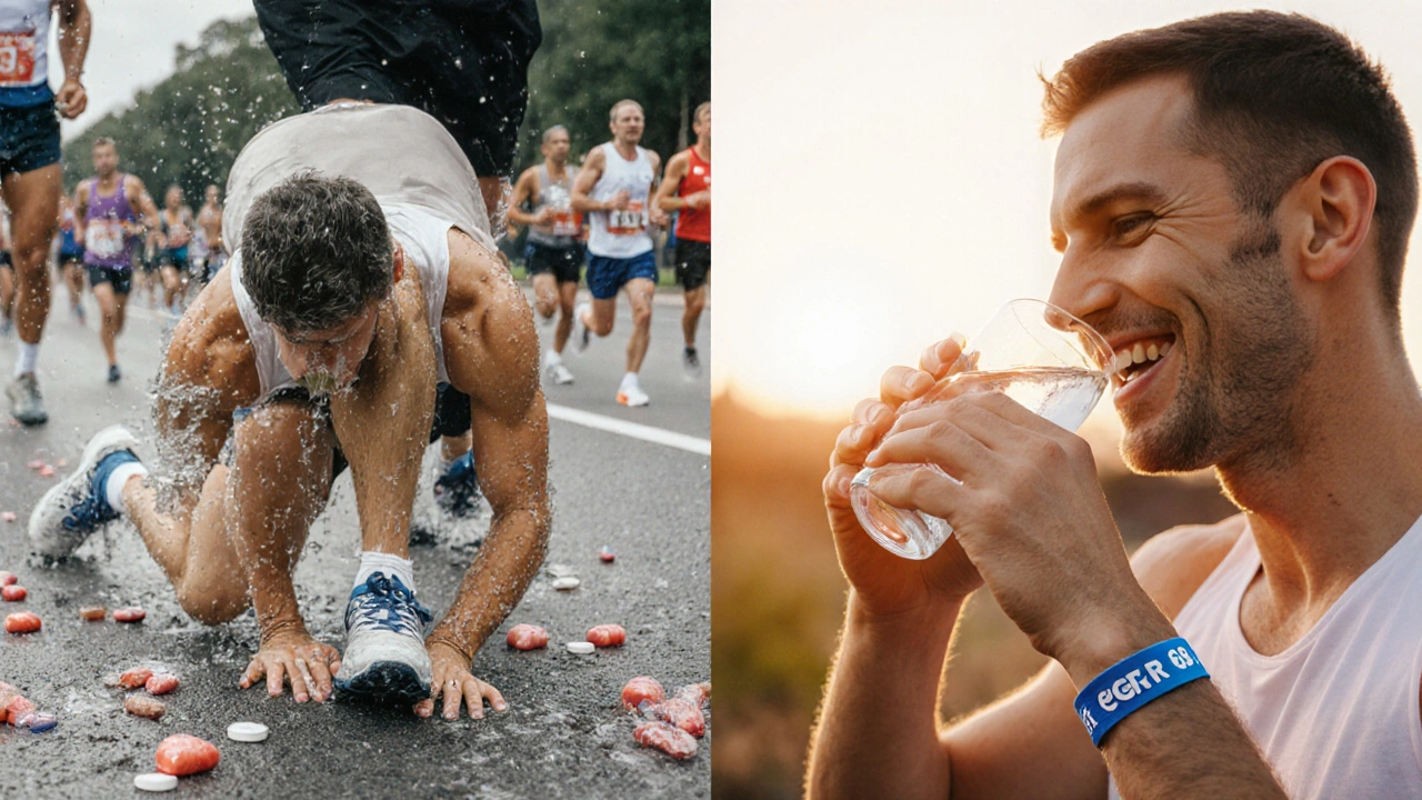Split scene: runner collapsing with pills vs. same man safely using topical NSAID and hydrating with glowing kidneys.