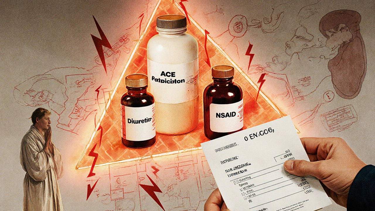 Three prescription bottles connected by red lightning over a kidney diagram, patient staring at falling eGFR result.