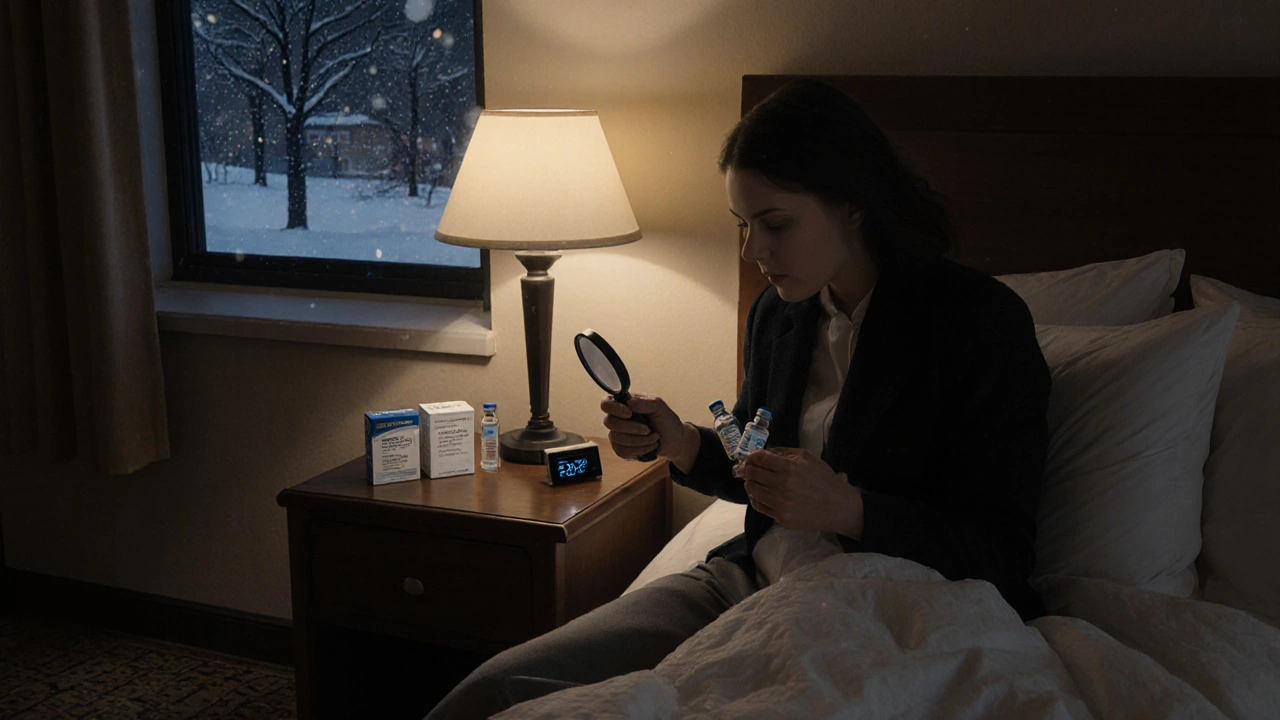 Traveler inspecting insulin vials under lamp in hotel room, temperature logger nearby.