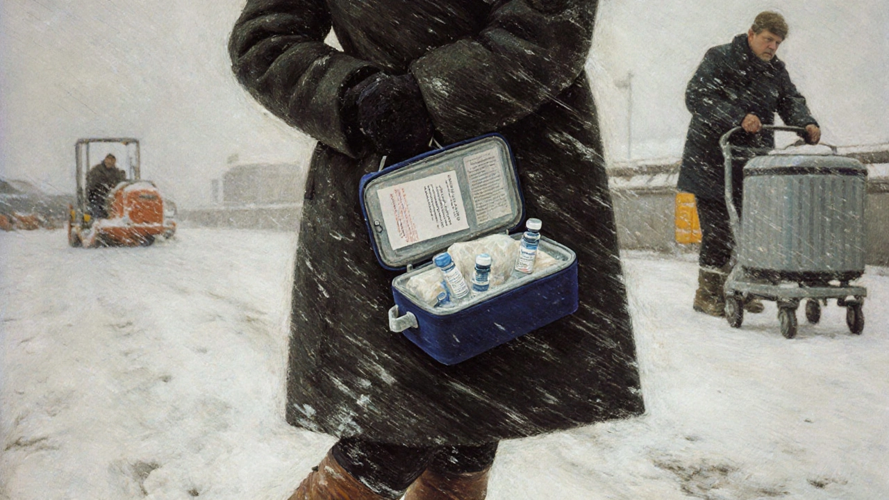 Traveler with cooler in cold airport, gel packs protected by cloth, doctor’s note in pocket.