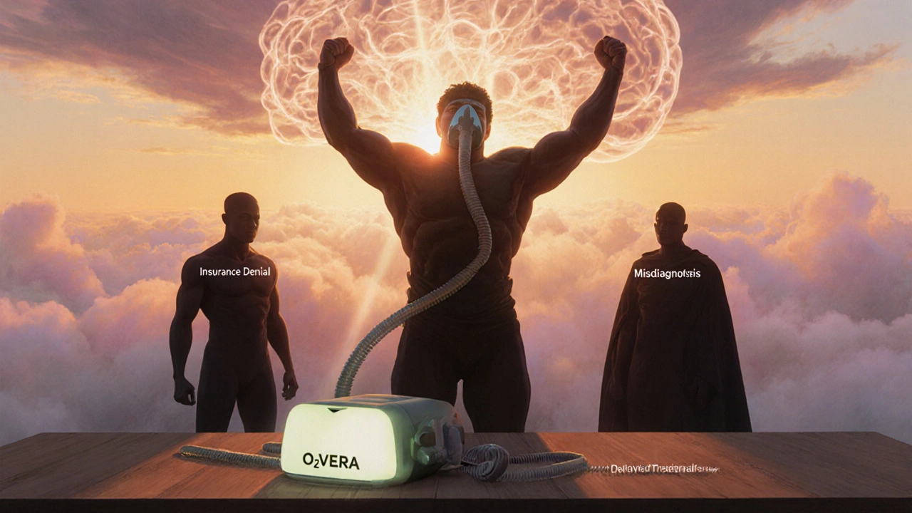 Triumphant figure at dawn with oxygen device, shadowy obstacles fading, warm sunrise background.