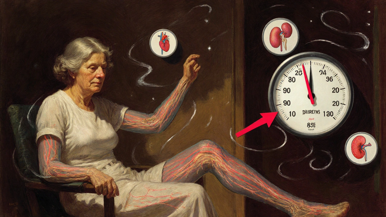 Woman feeling dizzy as blood pressure drops, with visualized fluid drain and medical icons in dramatic lighting.