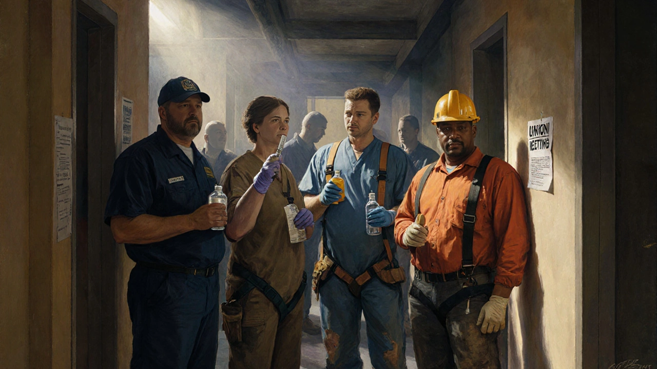 Workers hold symbols of medication risks, united under a single beam of light beside a union notice.