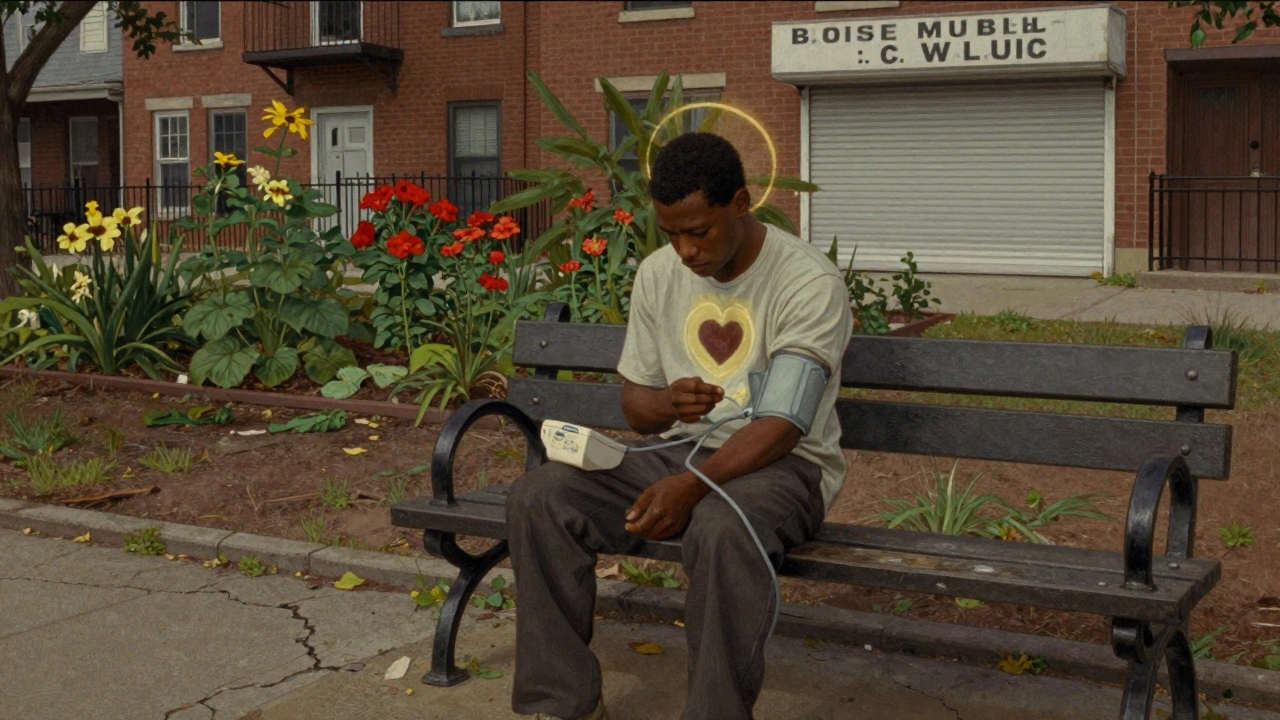 A Black man on a bench holding a blood pressure monitor, with a garden growing beside a closed clinic.