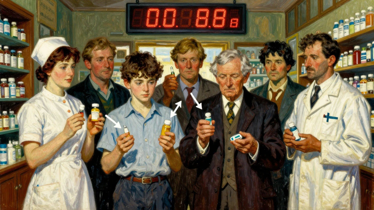 A diverse group of people in a pharmacy holding medications, with a glowing FDA alert above them symbolizing shared responsibility.