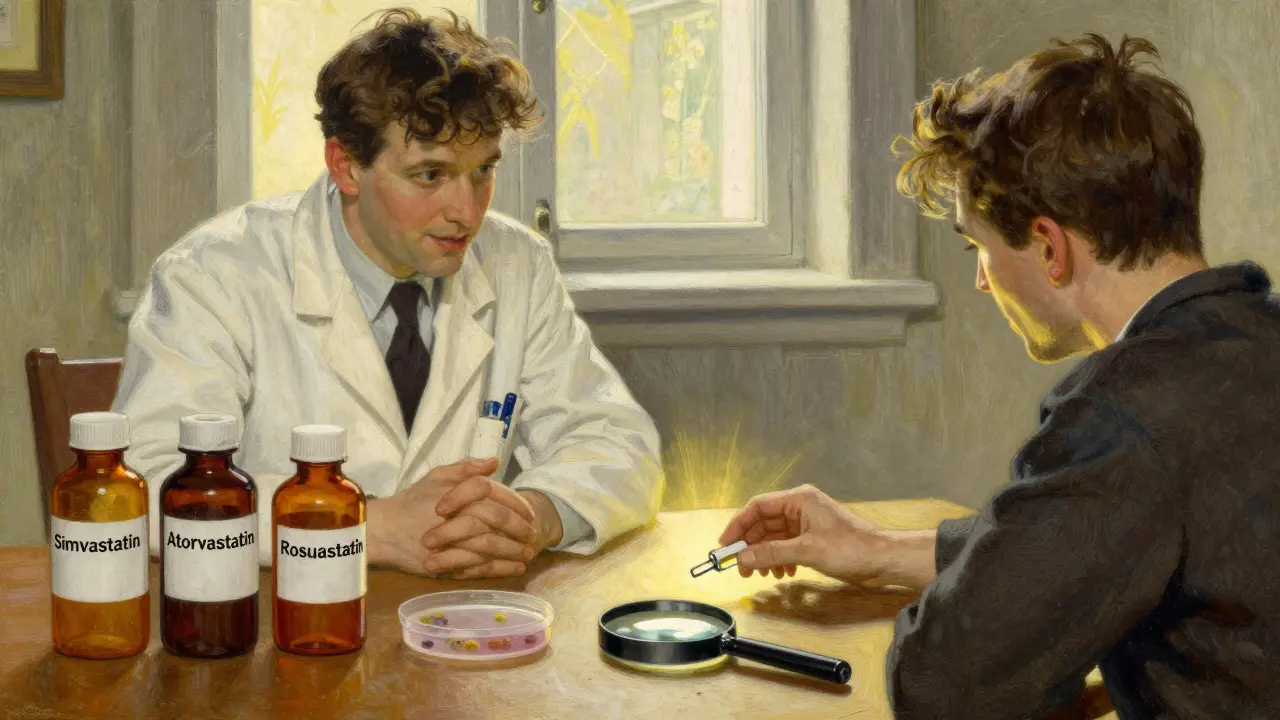 A doctor and patient reviewing statin options with a fungal culture, highlighting safer alternatives.