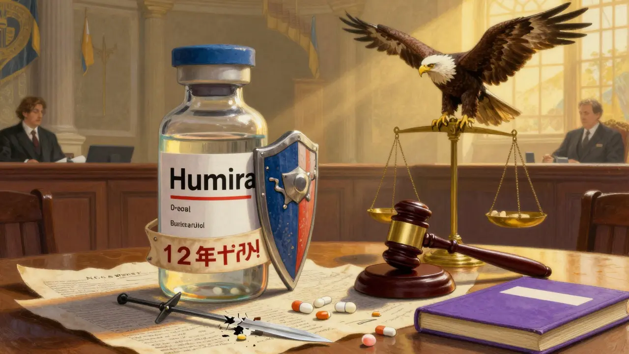 A giant Humira vial stands as a knight protected by a 12-year banner, while tiny generic pills kneel before an FDA eagle.