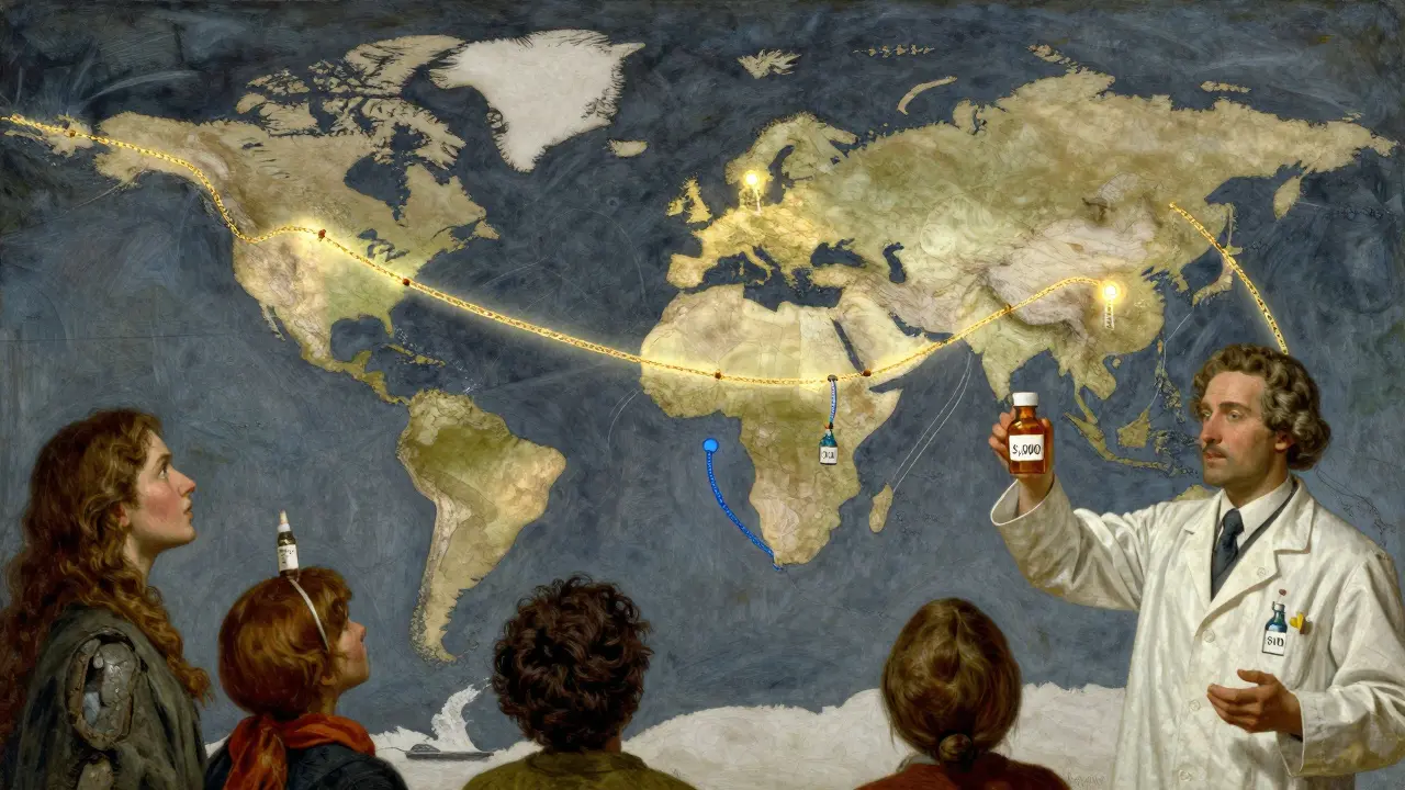 A global map shows different exclusivity timelines radiating from the U.S., with a pharmacist holding expensive and cheap pills as patients watch.