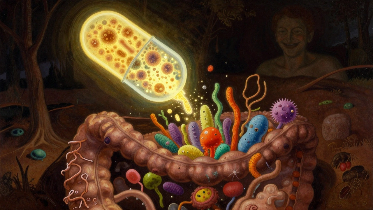 A glowing capsule delivering life-giving microbes into a barren colon, restoring vibrant bacterial life as if planting a forest from ashes.