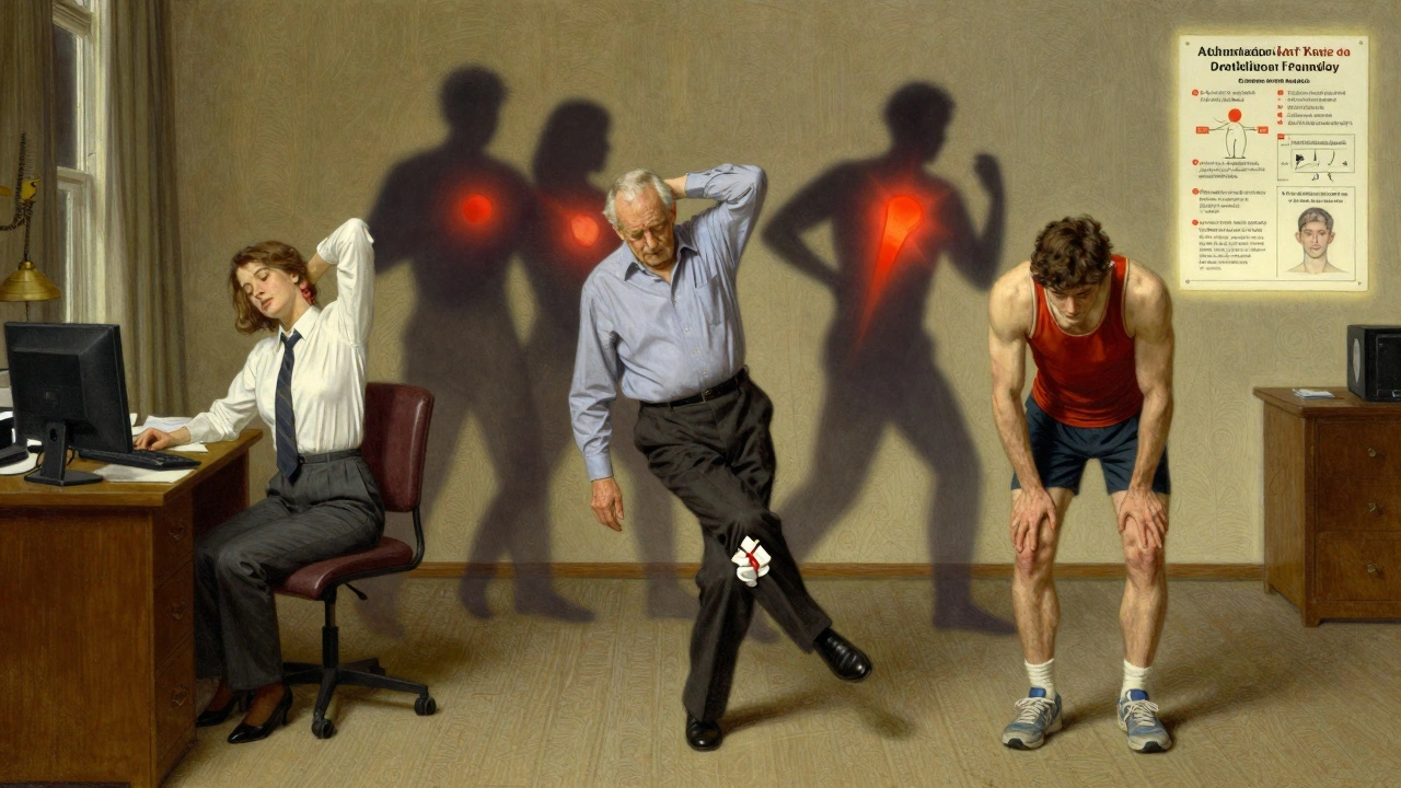 A group of people performing simple home exercises, light radiating from their joints as pain fades into darkness.