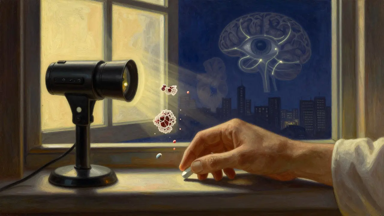 A hand placing a pill beside a retinal camera, with healing vessels and vital organs subtly connected in the background.