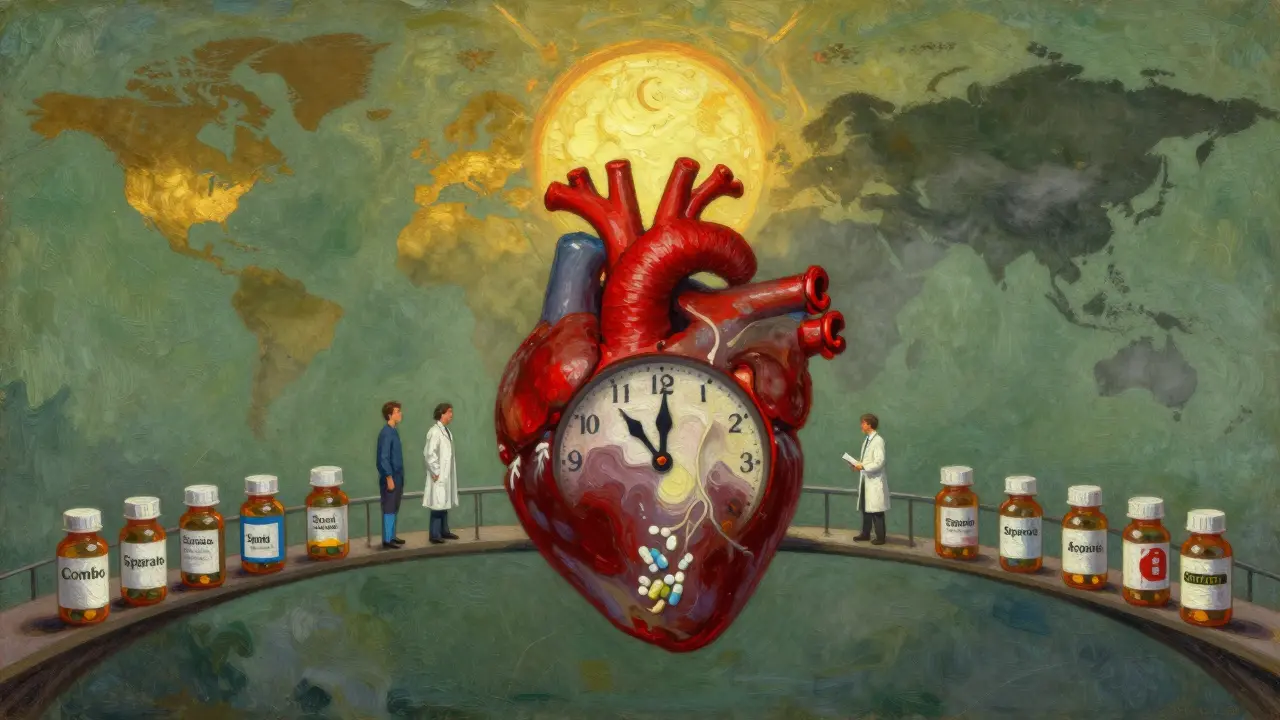 A heart shaped like a clock ticks at normal BP, with figures on a bridge of pills under a rising sun over global regions.