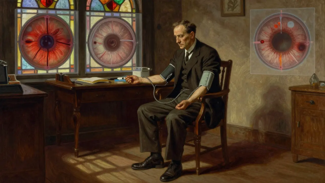 A man in a doctor’s office seeing ghostly retinal damage behind him, realizing the hidden toll of high blood pressure.