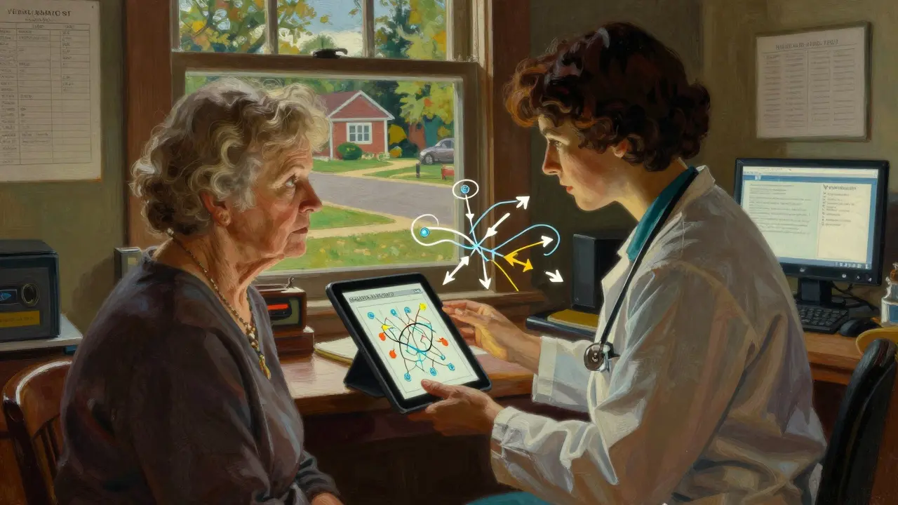 A medical assistant helping a senior woman complete a digital cognitive screening during a wellness visit, with neural pathways visible in the air.