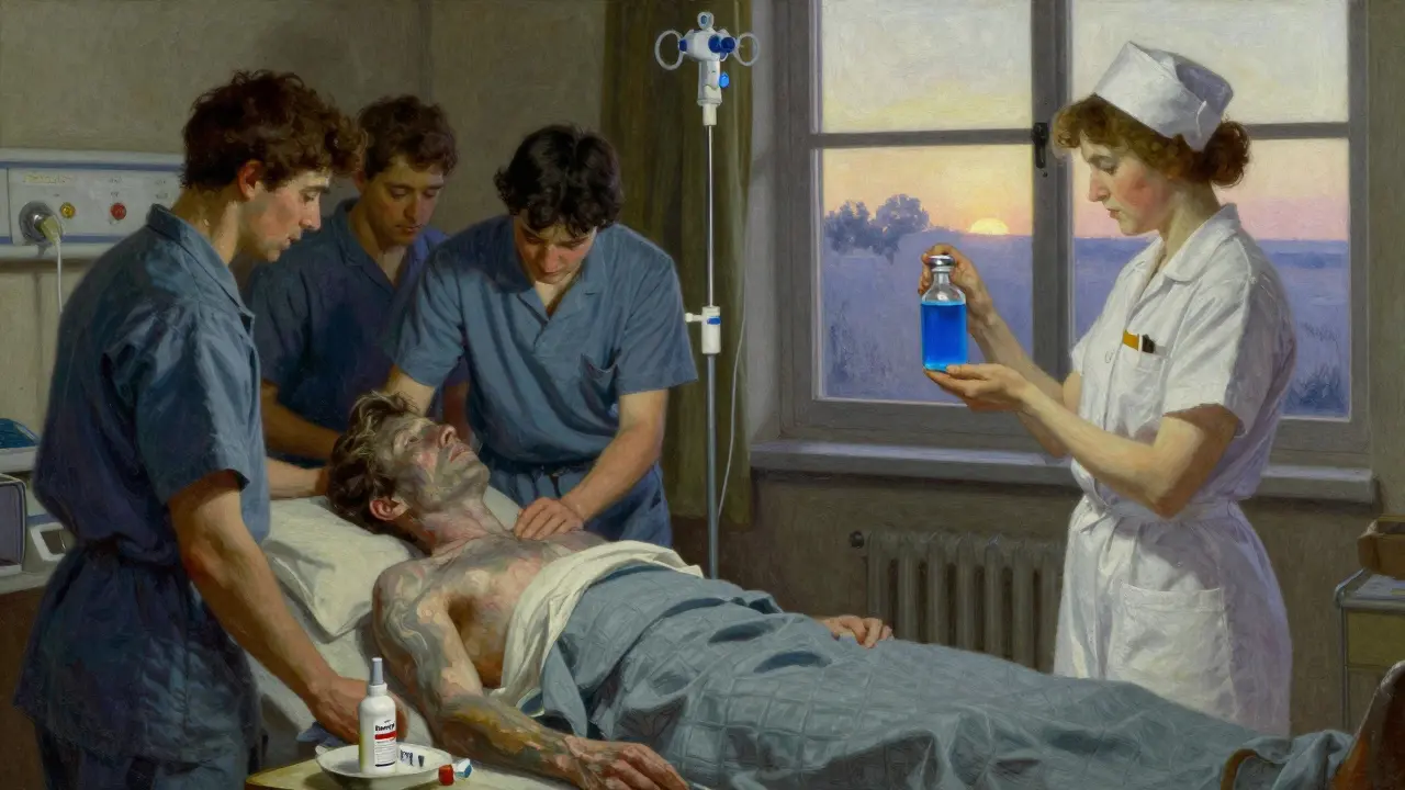 A medical team gives methylene blue IV to a patient with blue-tinged skin, sunlight streaming through a hospital window.