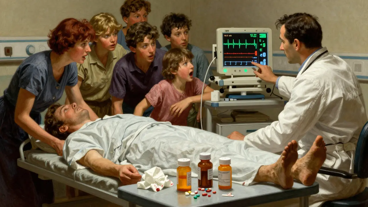 A patient collapses in an emergency room as medical staff respond, with generic pill bottles and test strips scattered nearby.