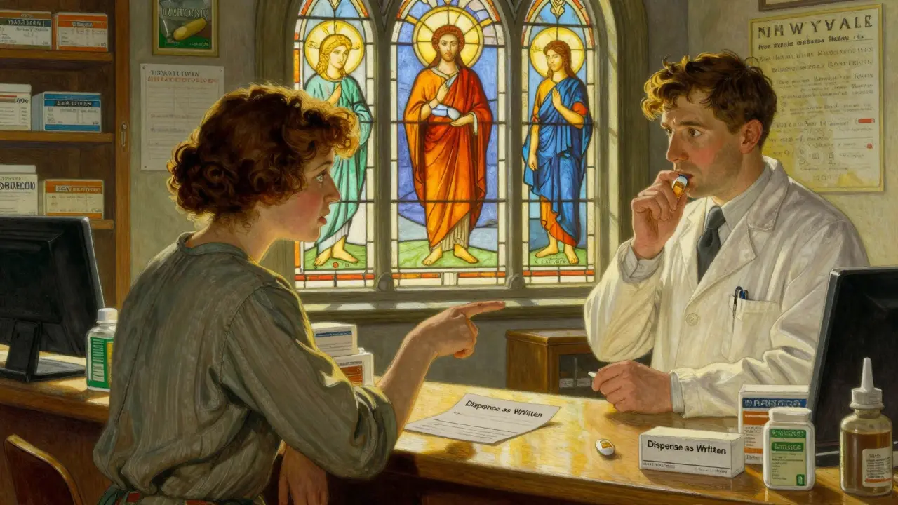 A patient insists on their brand-name prescription at a pharmacy, while high-risk drugs glow like icons in the background.