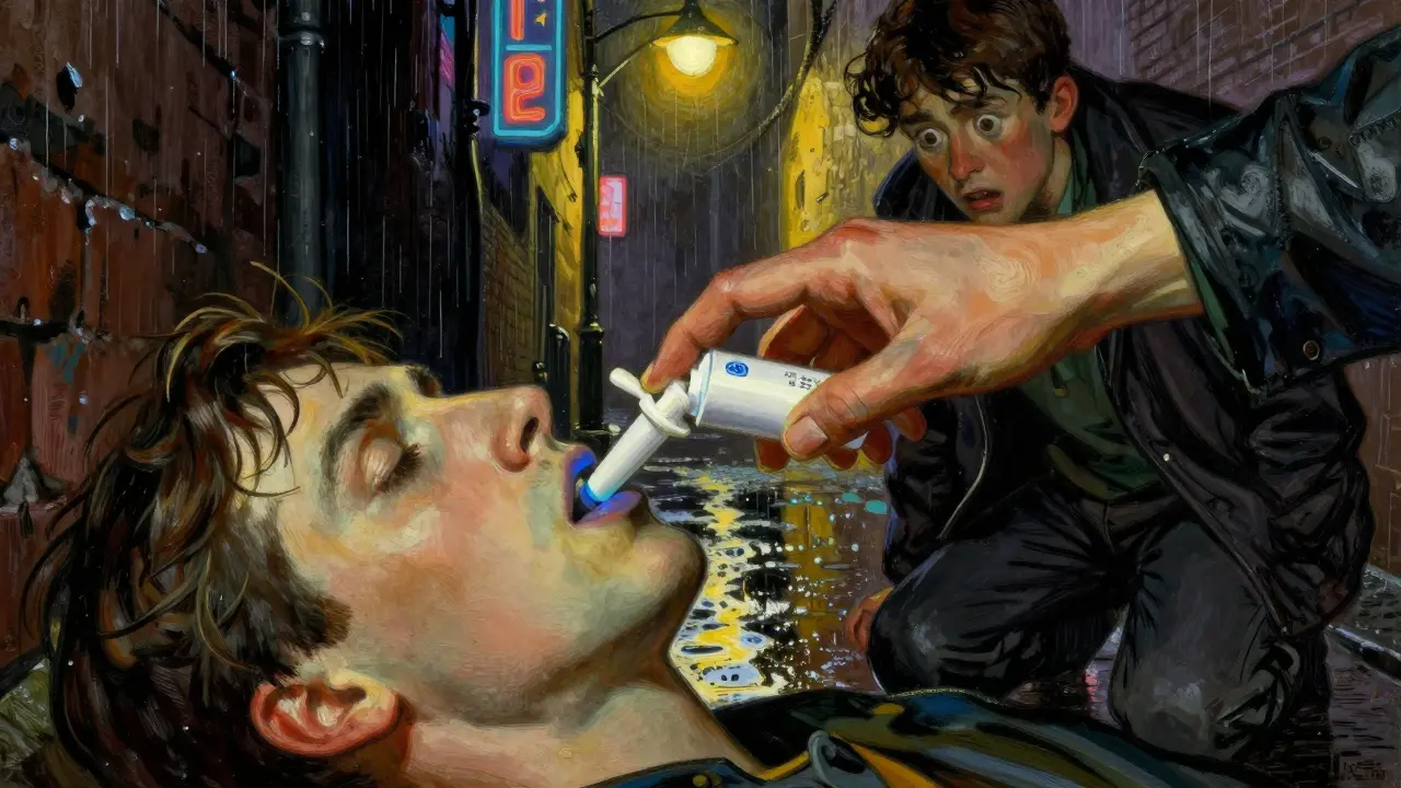 A person administers Narcan nasal spray to an unconscious overdosing individual in a rain-slicked alley at night.