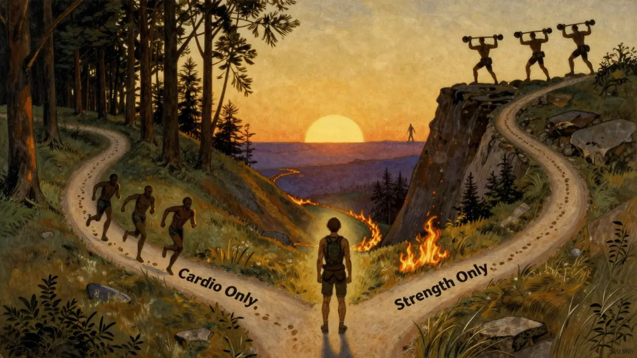 A person at a crossroads choosing between cardio-only, strength-only, or combined paths to fitness.