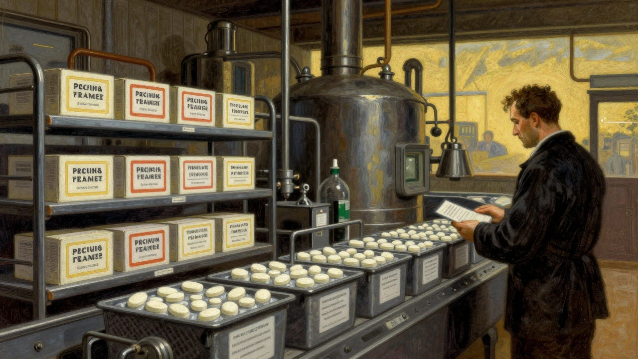 A pharmaceutical production line creating two versions of the same pill under different labels at dusk.