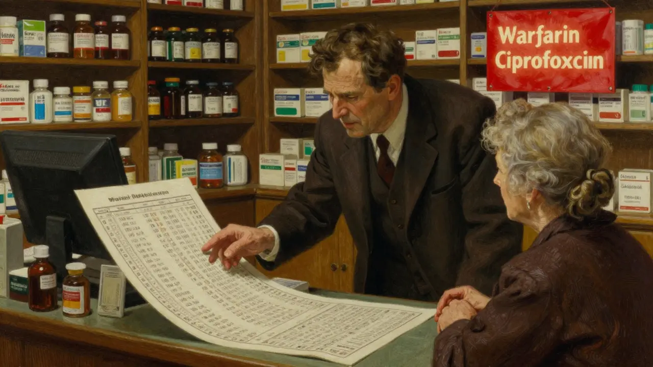 A pharmacist explains drug interactions to an elderly woman and her daughter using a detailed chart in a cozy pharmacy.