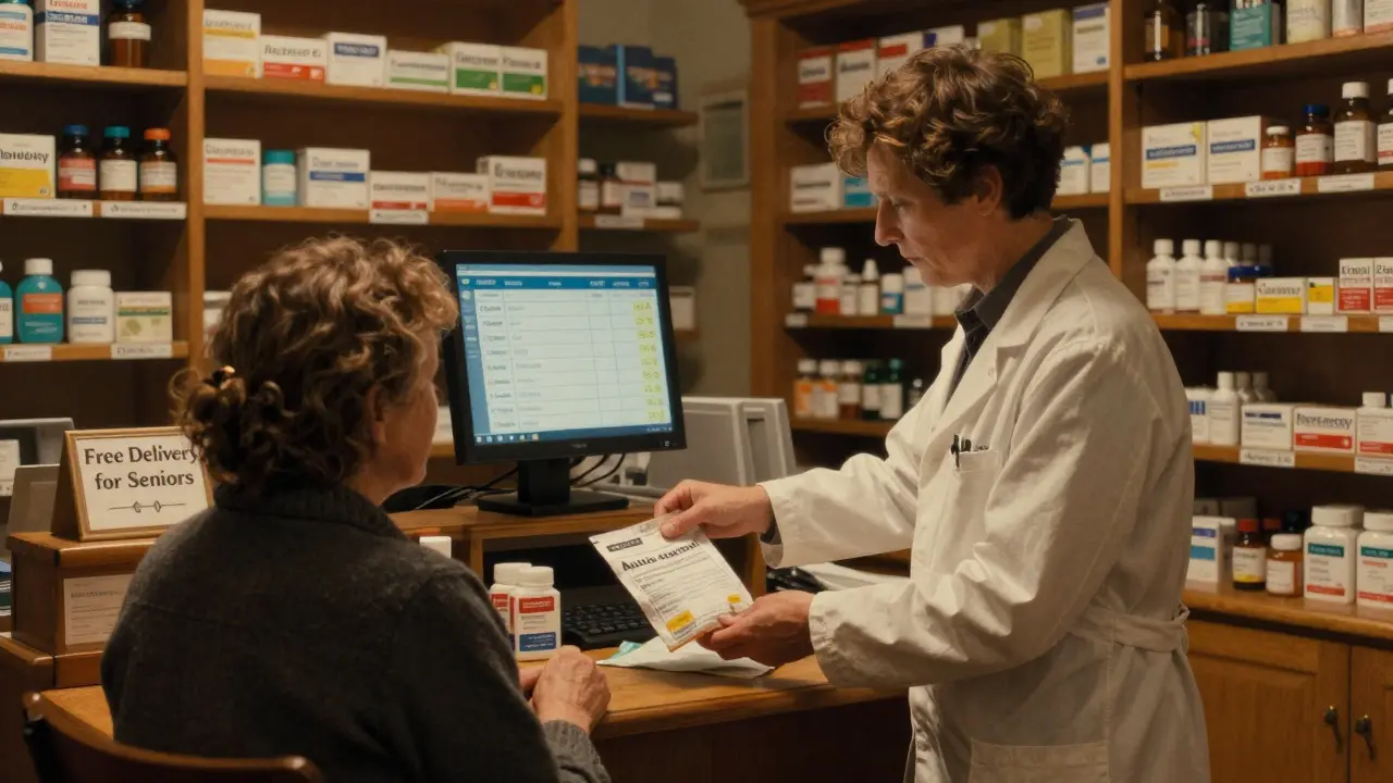 A pharmacist handing auto-refilled prescriptions to a patient in a cozy, well-lit pharmacy.