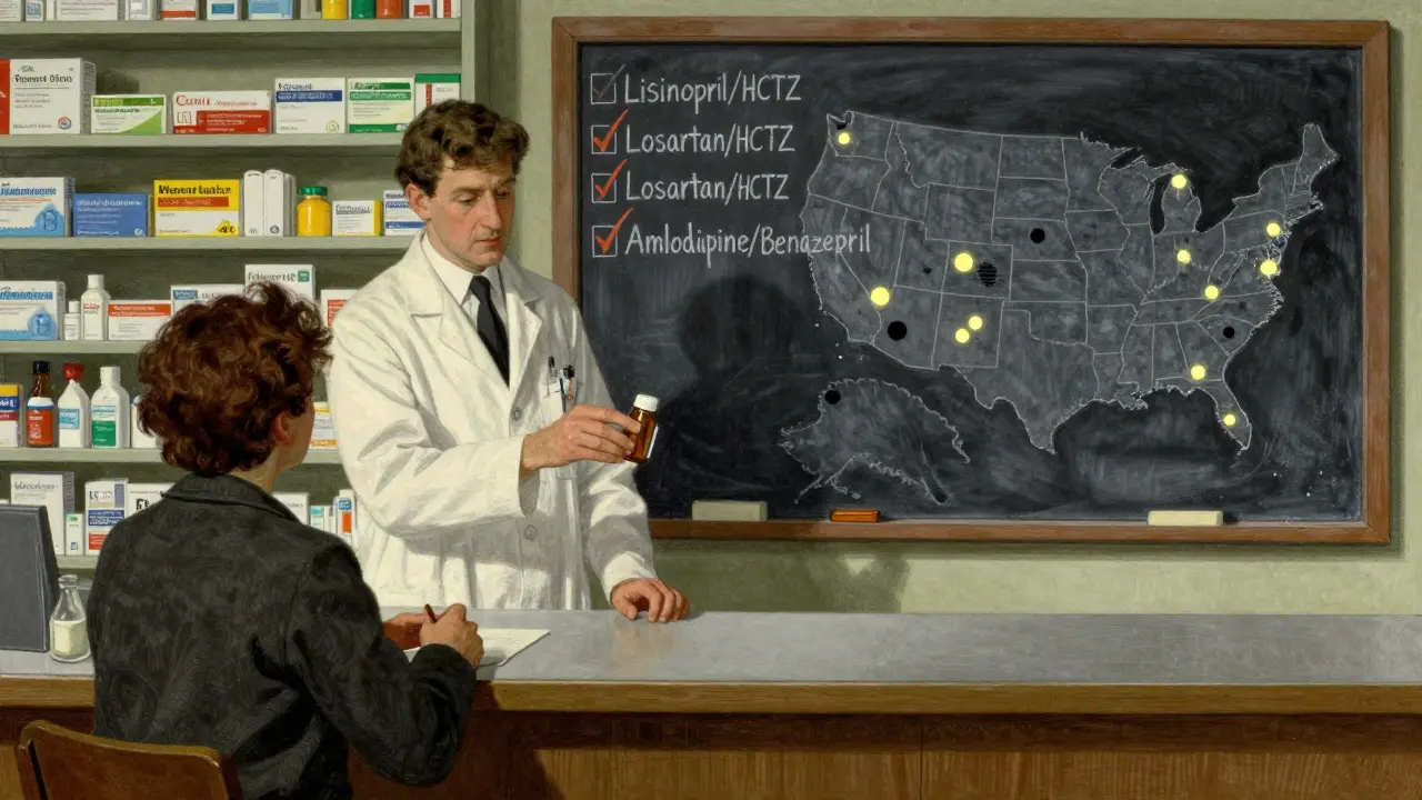 A pharmacist hands a combo pill bottle to a patient while a chalkboard lists generic hypertension combinations in a pharmacy.