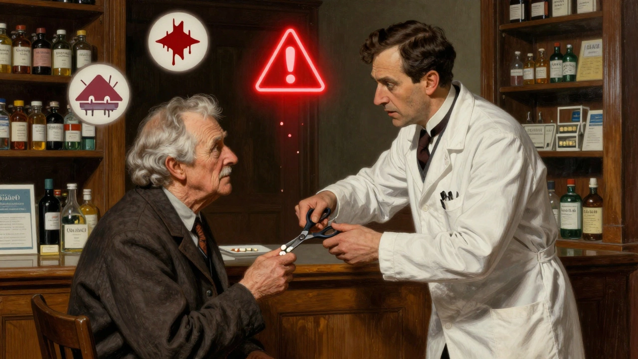 A pharmacist stops someone from splitting warfarin tablets, with warning symbols floating nearby, in N.C. Wyeth illustration style.