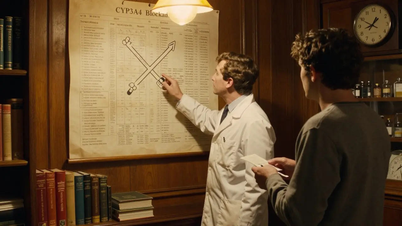 A pharmacist urgently explaining a drug interaction using a medical chart in a vintage pharmacy setting.