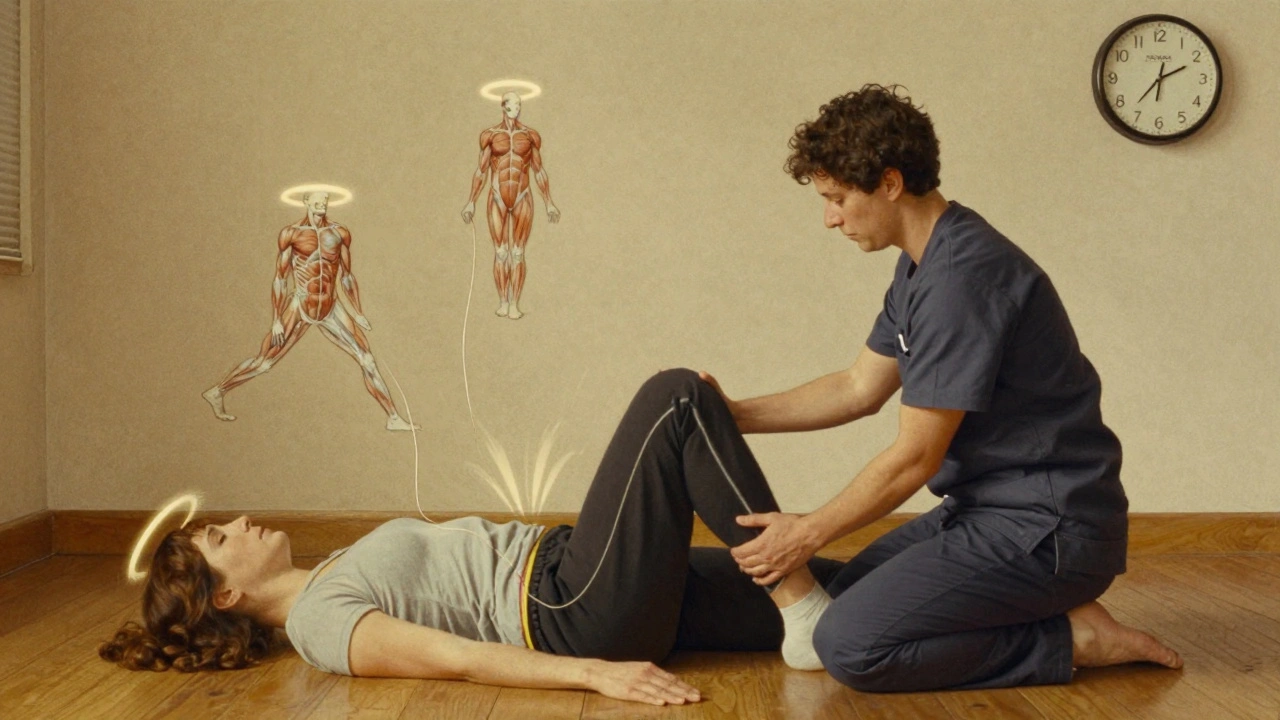 A physical therapist guiding a patient through a gentle hip stretch, with visualized tension releasing from the body.