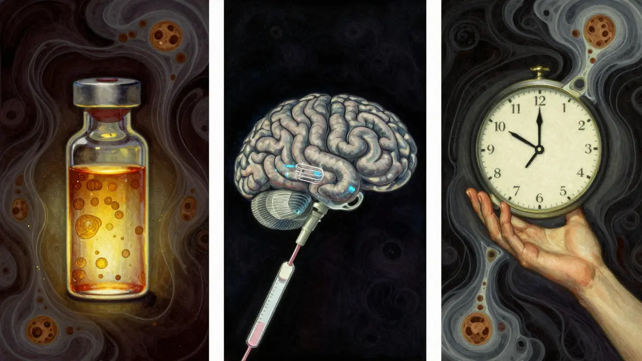 A symbolic trio: blood vial, cheek swab, and intact clock glowing with light, representing early Alzheimer’s detection through science.