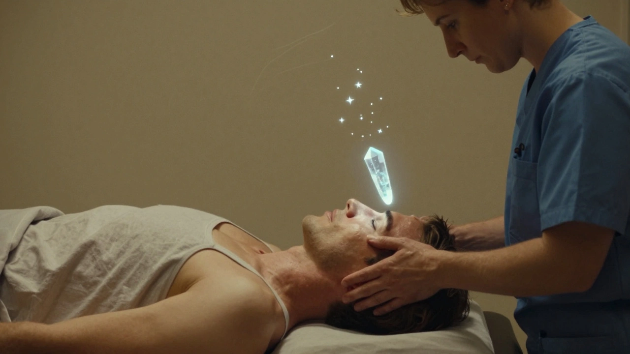 A therapist performs the Epley maneuver as glowing crystals drift back into place inside the ear.