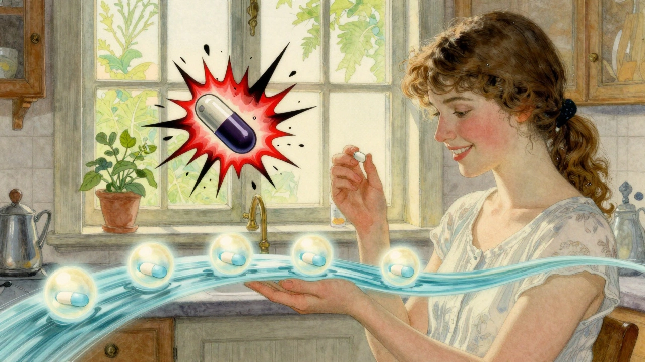 A woman taking four small metformin doses throughout the day, with smooth medicine flow versus a shattered dangerous pill, in N.C. Wyeth style.